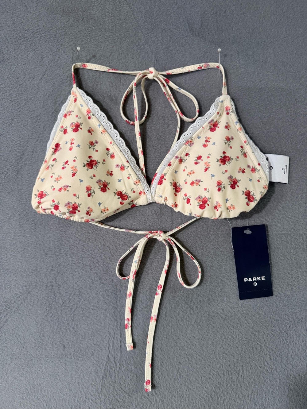 Parke x Target - Cream Triangle Bikini Top with Red Floral Print